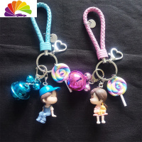 舒适主义韩国创意情侣钥匙扣一对可爱男女生情侣挂件汽车钥匙扣女包饰品 粉蓝绳粉蓝款D扣铃铛棒棒糖
