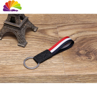 舒适主义皮织带 汽车钥匙扣挂件304不锈钢圈 男 女士创意商务礼品 皮+织带红蓝白色