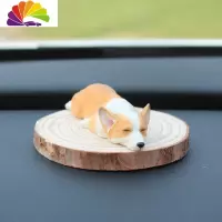 舒适主义正品柯基犬可爱汽车摆件树脂模型仿真狗创意玩偶公仔车内饰品 黄白趴睡(中号)+木桩