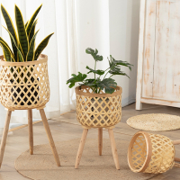 邦可臣创意藤编竹编草编花篮木质高花架落地式室内客厅装饰绿萝花盆