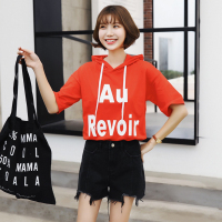 纯棉大码宽松连帽印花短袖t恤女(46件起售)