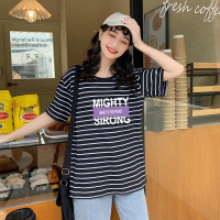 夏季新款韩版条纹短袖t恤女装宽松大码纯棉内搭打底衫圆领上衣（63件起售）