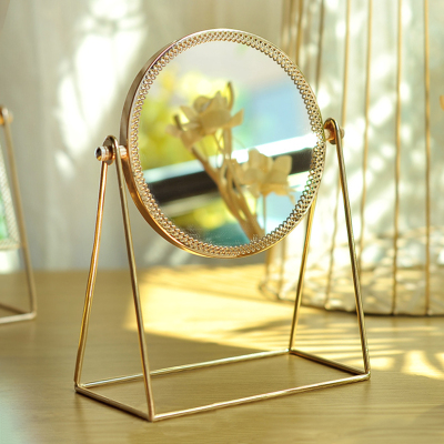 艺可恩台式化妆镜欧式简约金铜色镜子梳妆镜结婚镜便携高清镜