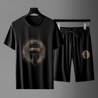 男士夏季男装一套搭配帅气短袖运动休闲套装珠片烫钻天丝两件套潮