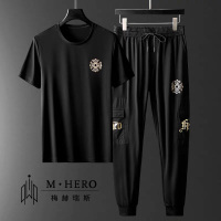 男士夏季运动休闲套装男印花烫钻冰丝短袖宽松透气长裤速干t恤潮