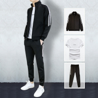 运动套装三件套男士开衫新品春秋季卫衣薄款韩版情侣学生服装休闲男式晨跑步户外纯棉团购团建定制印LOGO 黑色 M