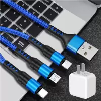 一拖三充电器vivo华为oppo小米苹果安卓多功能三合一线快速手机头|2.1A充电头+1.5米一拖三线[蓝