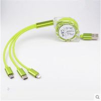 伸缩充电器数据线一拖三合一安卓苹果type-c手机充电线多功能头|青草绿-伸缩版-1米