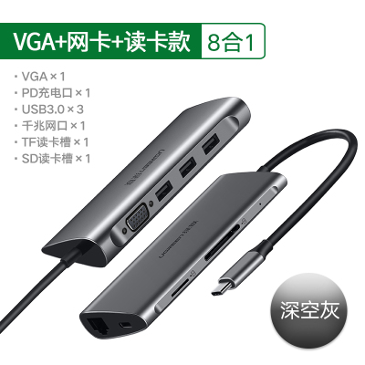 苹果电脑转换器macbookpro转接头雷电3扩展坞hub适小|8合1深空灰VGA++读卡+PD+USB