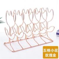 ing风创意桌面书立架收纳盒简单摆件书架铁艺北欧风书档五格书立|五格小花朵-玫瑰金(送5支笔)