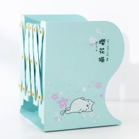 可伸缩书立架学生用折叠书夹简约创意少女心高中生简易桌上放书架|青色-樱花猫(加大号)