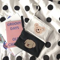 ins简约日系卡通小狗笔袋白色帆布个性文具袋化妆手机包学生少女