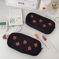 韩国ins网红小熊刺绣帆布笔袋可爱棕色小熊收纳化妆包