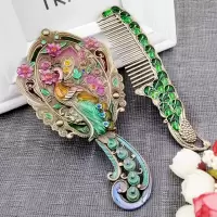 俄罗斯复古小号女化妆镜手柄镜子梳子套装随身便携折叠古风宫廷镜