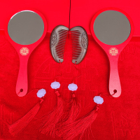 结婚镜子一对红色新娘陪嫁手柄化妆镜梳套装婚庆用品高档梳妆木镜