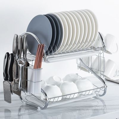 碗碟架沥水碗架收纳架厨房置物架用品小百货碗筷收纳盒刀架筷子筒|[两层]2字型+挂杯架+2白盘+筷筒