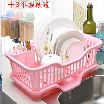 滴水碗架碗碟沥水架沥水碗架 塑料角架 厨房用睥睨碗柜厨具置物架|粉色沥水篮+3个2.5L杂粮罐