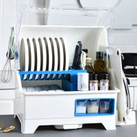 厨房碗架碗筷收纳盒带盖放餐具装碗箱碟盘沥水置物架塑料碗柜家用|白色[送锅铲挂钩+菜板锅盖架]