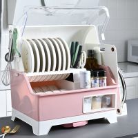 厨房碗架碗筷收纳盒带盖放餐具装碗箱碟盘沥水置物架塑料碗柜家用|粉色[送锅铲挂钩+菜板锅盖架]