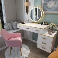 梳妆台卧室 现代简约小户型迷你化妆桌实木北欧ins网红化妆台带灯