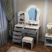 欧式轻奢梳妆台卧室网红收纳镜子化妆带灯锁迷你桌柜出租房非岩板