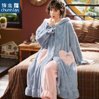 睡衣女秋冬加厚保暖长毛绒睡袍韩版套装甜美可爱兔耳朵浴袍家居服