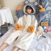 珊瑚绒睡袍睡衣女秋冬季小熊加厚法兰绒浴袍春天可爱情侣男家居服