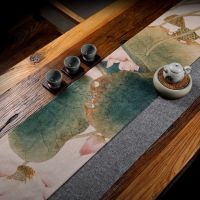 中国风禅意茶席麻布艺新中式桌旗加长荷花茶几餐桌桌布长方形桌巾