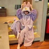 睡衣女秋冬季法兰绒加绒加厚睡袍连帽长款浴袍可爱珊瑚绒家居服