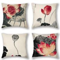 中国风荷花抱枕靠垫绿色植物靠枕中式沙发办公室抱枕套数码印花