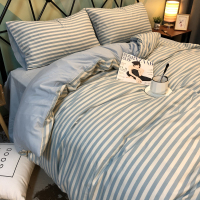 网红雾霾蓝小清新条纹被套床单四件套纽扣款床上三件套日式中性风