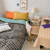 ins北欧简约复古撞色格子纯棉四件套原木纽扣全棉被套小清新床品