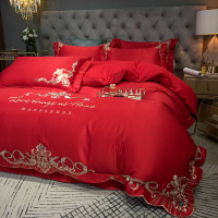 欧式婚庆大红色床单四件套全棉纯棉新婚刺绣被套结婚床上用品