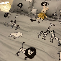 小动物图案四件套床上用品灰色格子床单被罩简约卡通高中生三件套