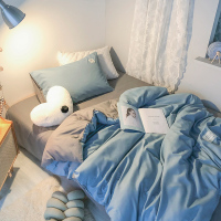 浅蓝纯色ins学院风磨毛四件套2.2米加大床双人床上用品床笠三件套
