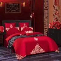 全棉婚庆四件套新婚床品多件套纯棉刺绣被套大红结婚房喜庆4套件