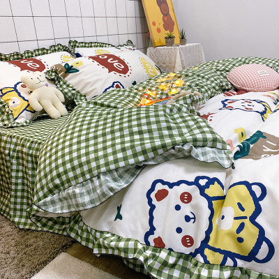 ins风韩版卡通小兔子四件套花边被套双人床单小绿格床上用品