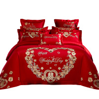 结婚婚庆四件套婚礼床上用品大红色被套床单纯棉婚房六套件