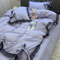 韩版纯色简约四件套蕾丝蝴蝶结床单床笠被罩浅紫单双人学生三件套