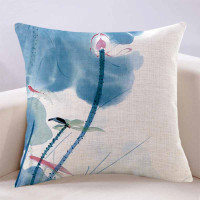 新中式水墨画荷花棉麻抱枕亚麻中国风红木沙发靠垫客厅靠枕套含芯
