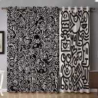 黑白全遮光遮阳隔热防晒卧室成品落地窗窗帘布mr.doodle涂鸦先生