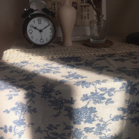 棉麻 复古蓝色碎花桌布拍照背景布 ins风小众蓝白格子餐布茶几布