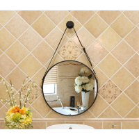北欧装饰镜铁艺壁挂圆镜圆形家用化妆镜浴室镜美容院牛皮带壁挂镜|可调节皮带直径40做旧白 其他