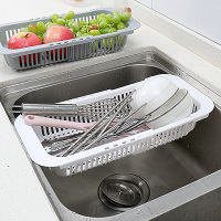 厨房双层沥水碗筷架水槽沥水架塑料碗碟架收纳篮洗菜盆水池沥水篮|可伸缩水槽架-白色
