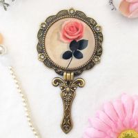 古风复古美容镜子女化妆镜小号手柄镜折叠便携随身金属公主手持镜|圆古青铜-玫瑰花