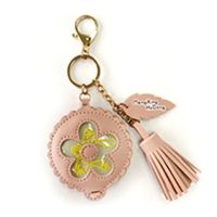 花朵化妆镜随身便携美容镜折叠迷你双面镜圆镜pu皮钥匙扣挂件|粉红色