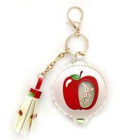 花朵化妆镜随身便携美容镜折叠迷你双面镜圆镜pu皮钥匙扣挂件|粉红苹果