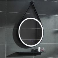 北欧浴室镜洗手台壁挂式圆形镜子理发店镜子美容院化妆镜带灯|吊带黑色框+LED灯+防雾+时间温度 直径60厘米