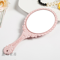 高清手柄化妆镜手拿手持美容院化妆镜子便携随身牙科复古花边镜|椭圆雕花粉色