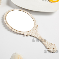 高清手柄化妆镜手拿手持美容院化妆镜子便携随身牙科复古花边镜|椭圆雕花白色